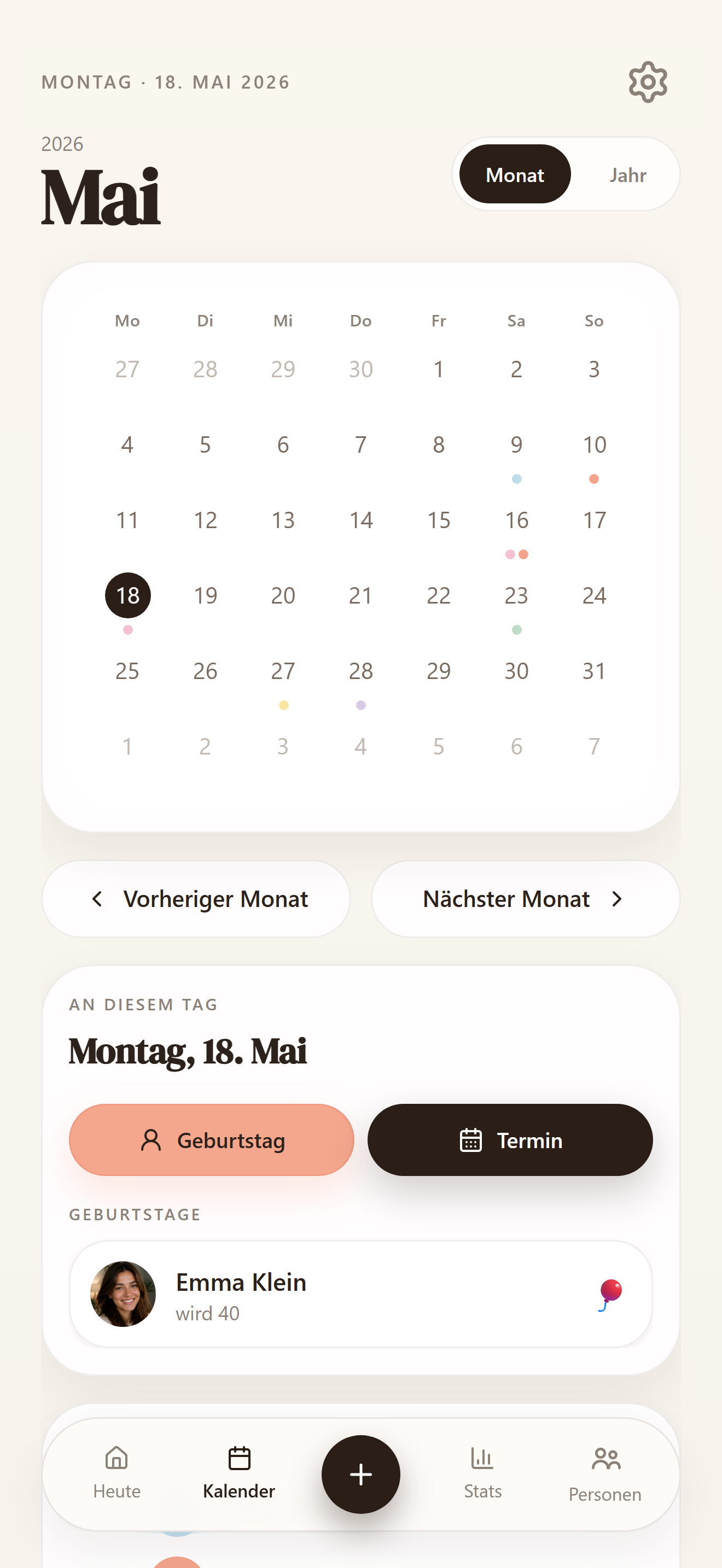 Kalender mit Geburtstagen und wichtigen Anlässen