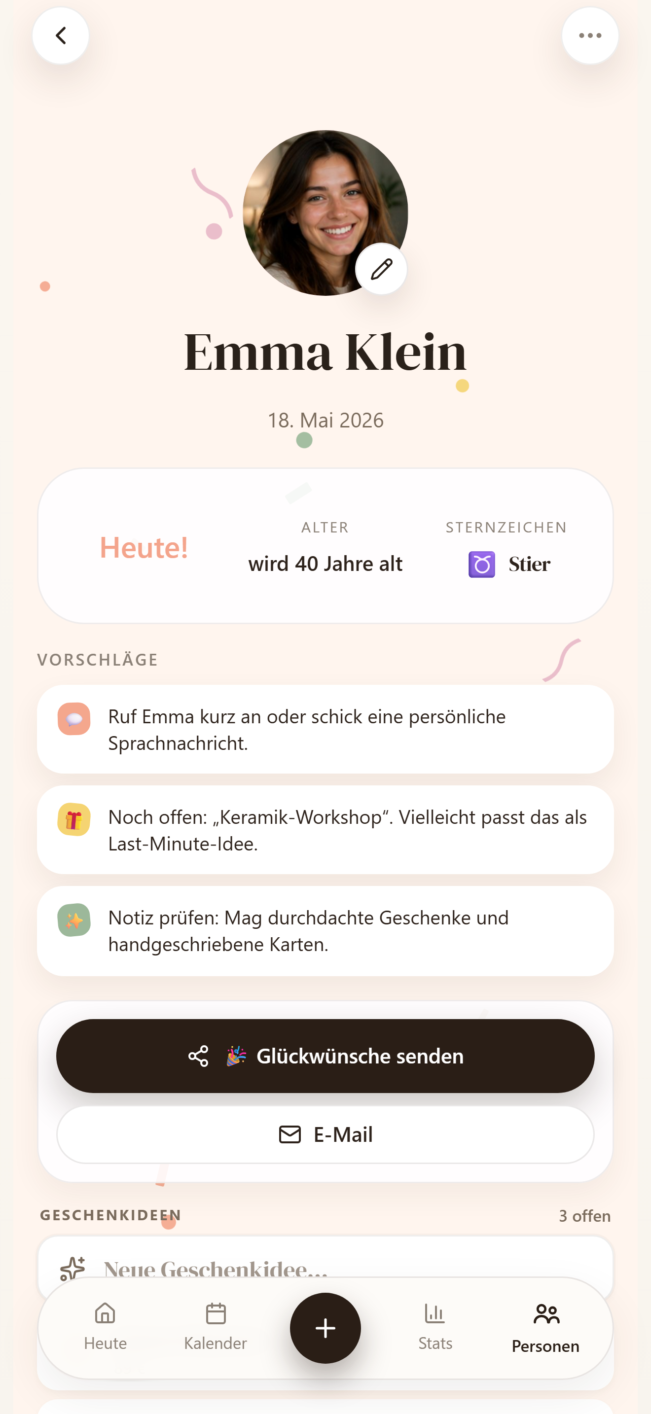 Personenprofil mit Geburtstagen, Geschenkideen und Details