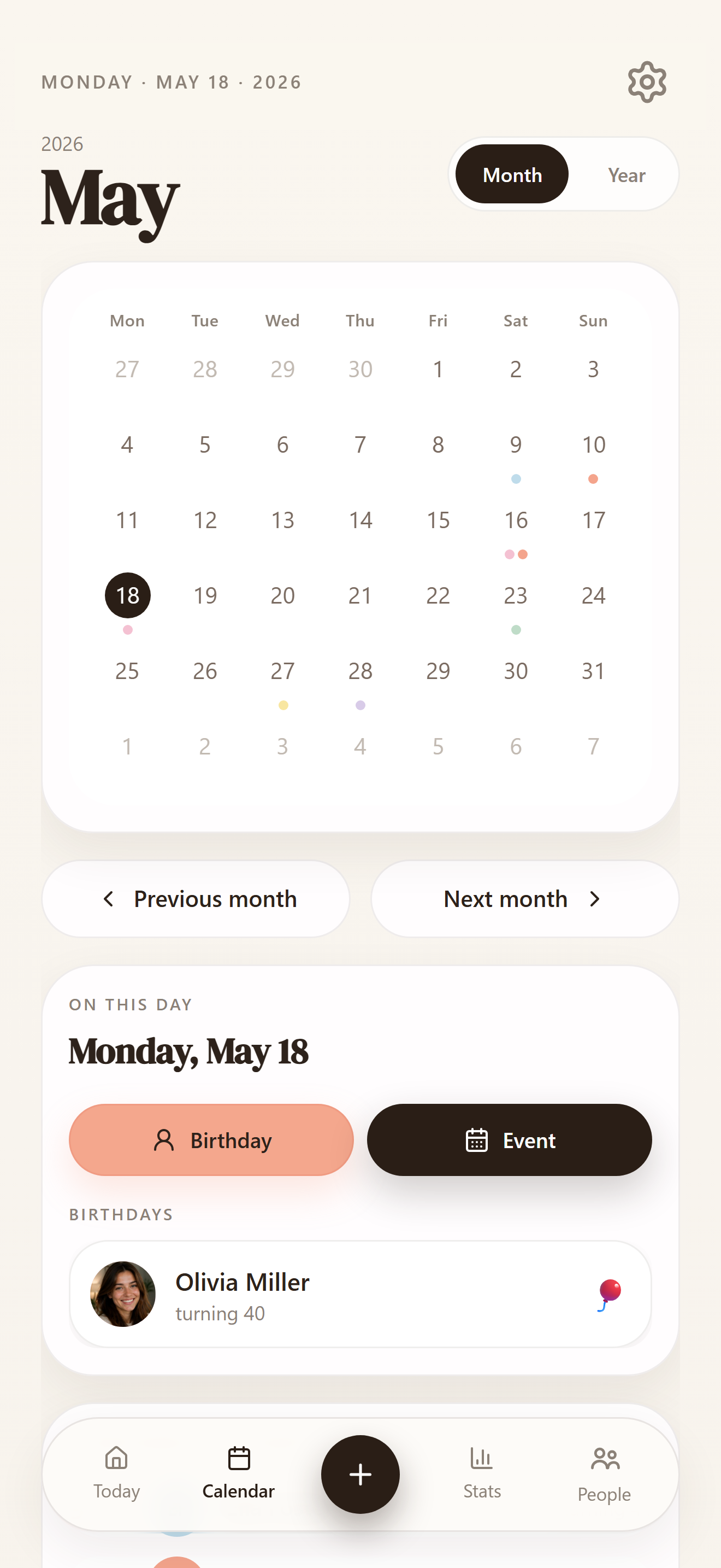 Calendar with birthdays and important occasions