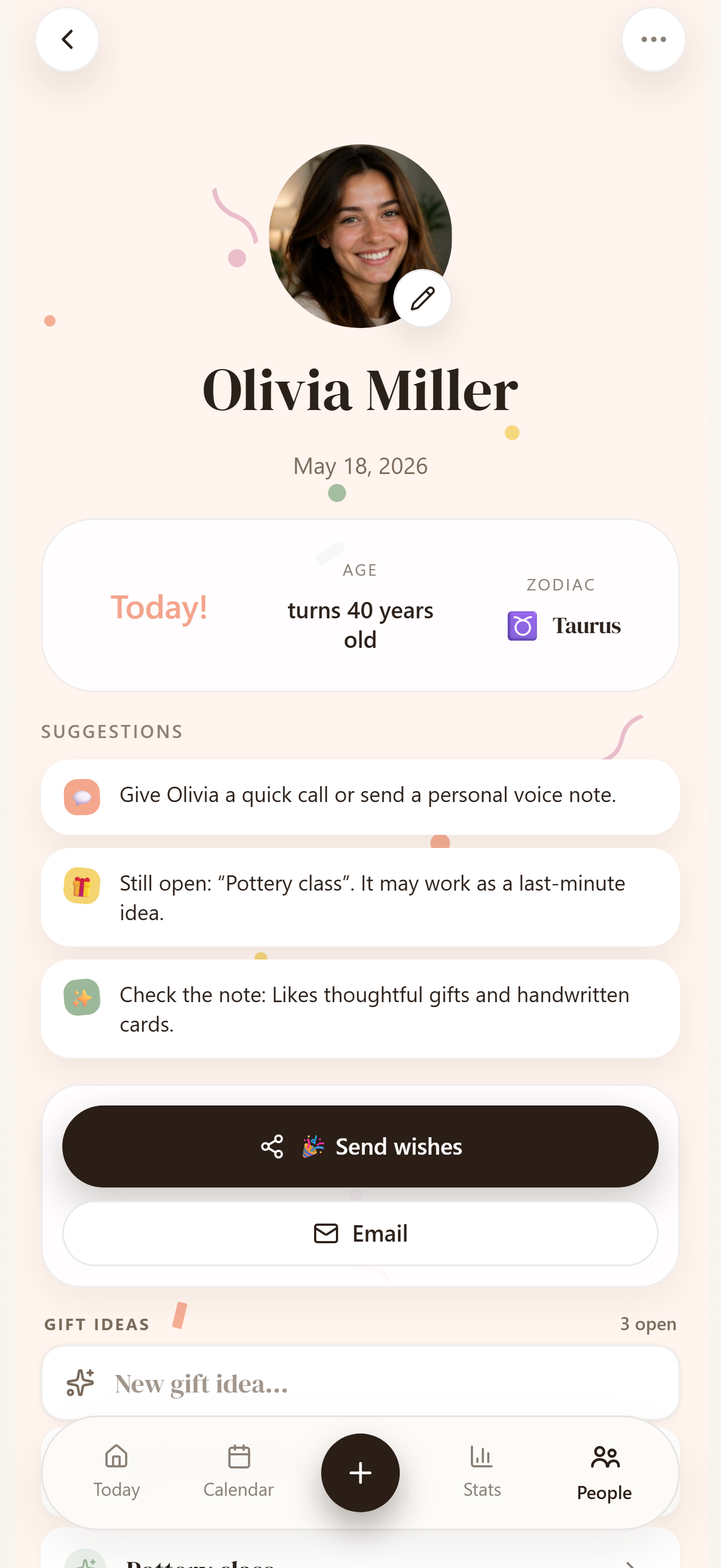 Person profile with birthdays, gift ideas, and details