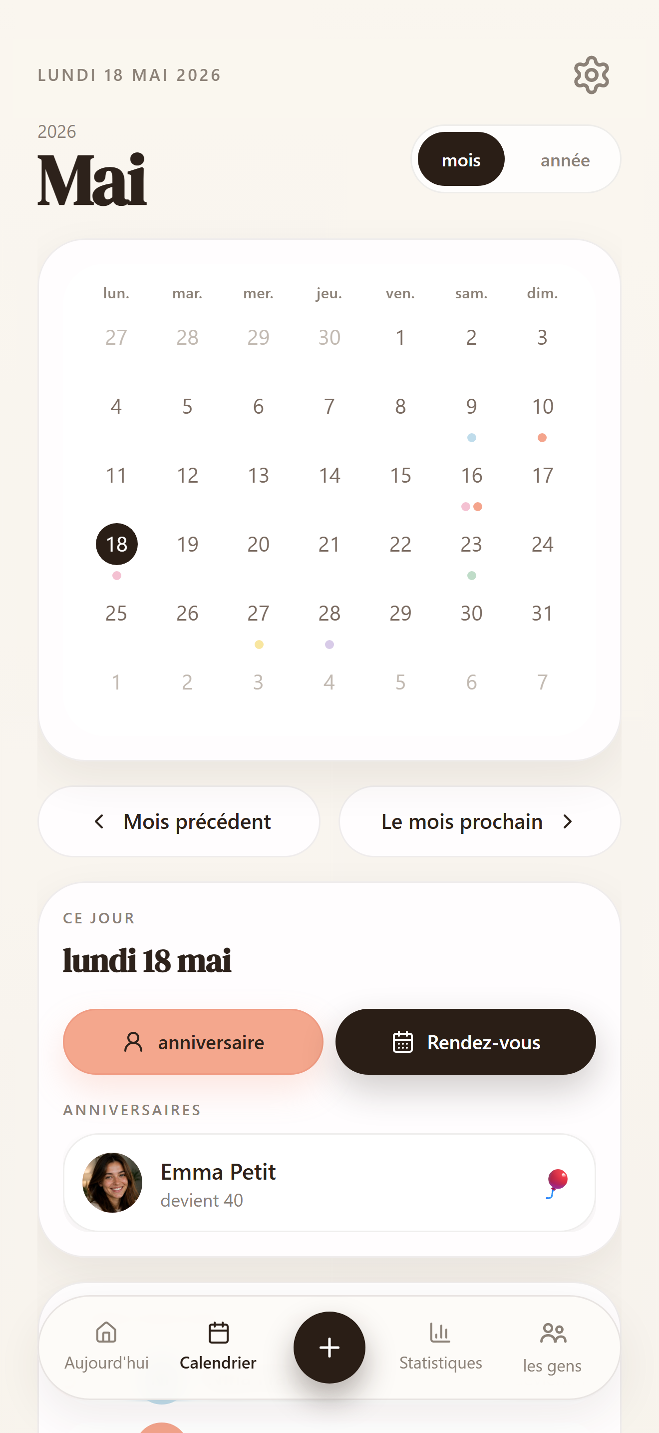 Calendrier avec anniversaires et occasions importantes