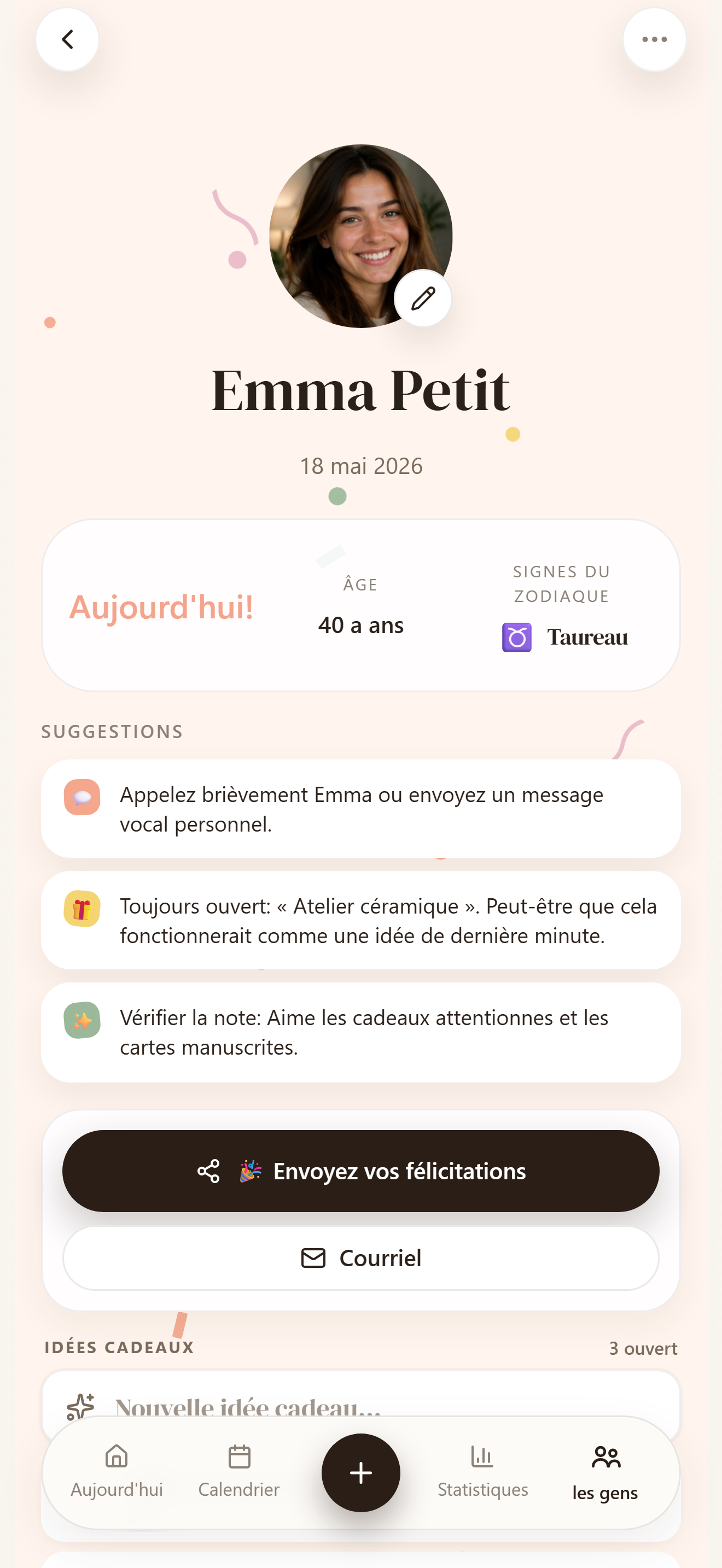 Profil avec anniversaires, idées cadeaux et détails