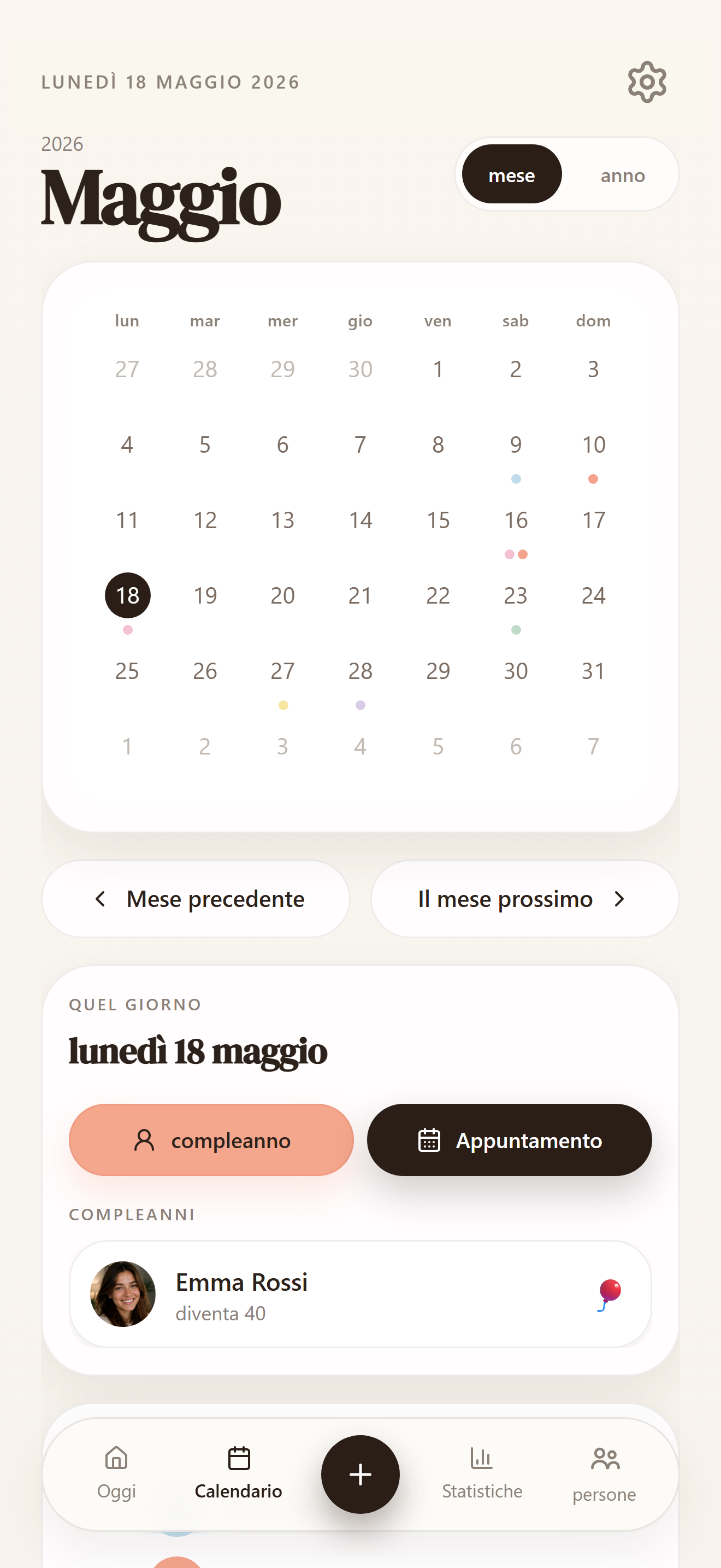 Calendario con compleanni e occasioni importanti