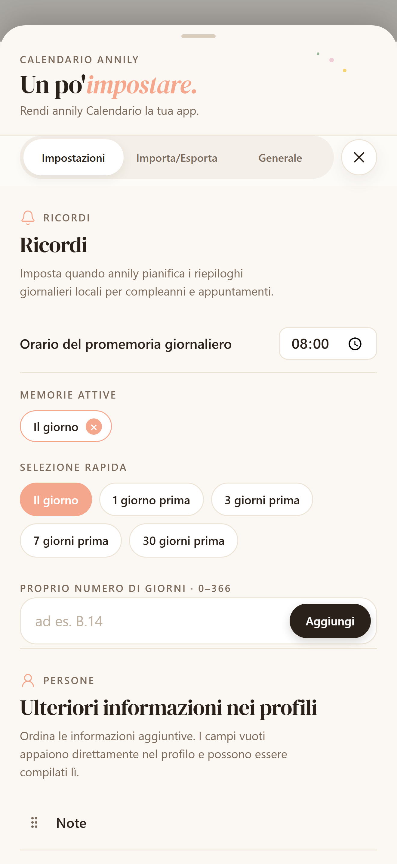 Impostazioni chiare a colpo d'occhio