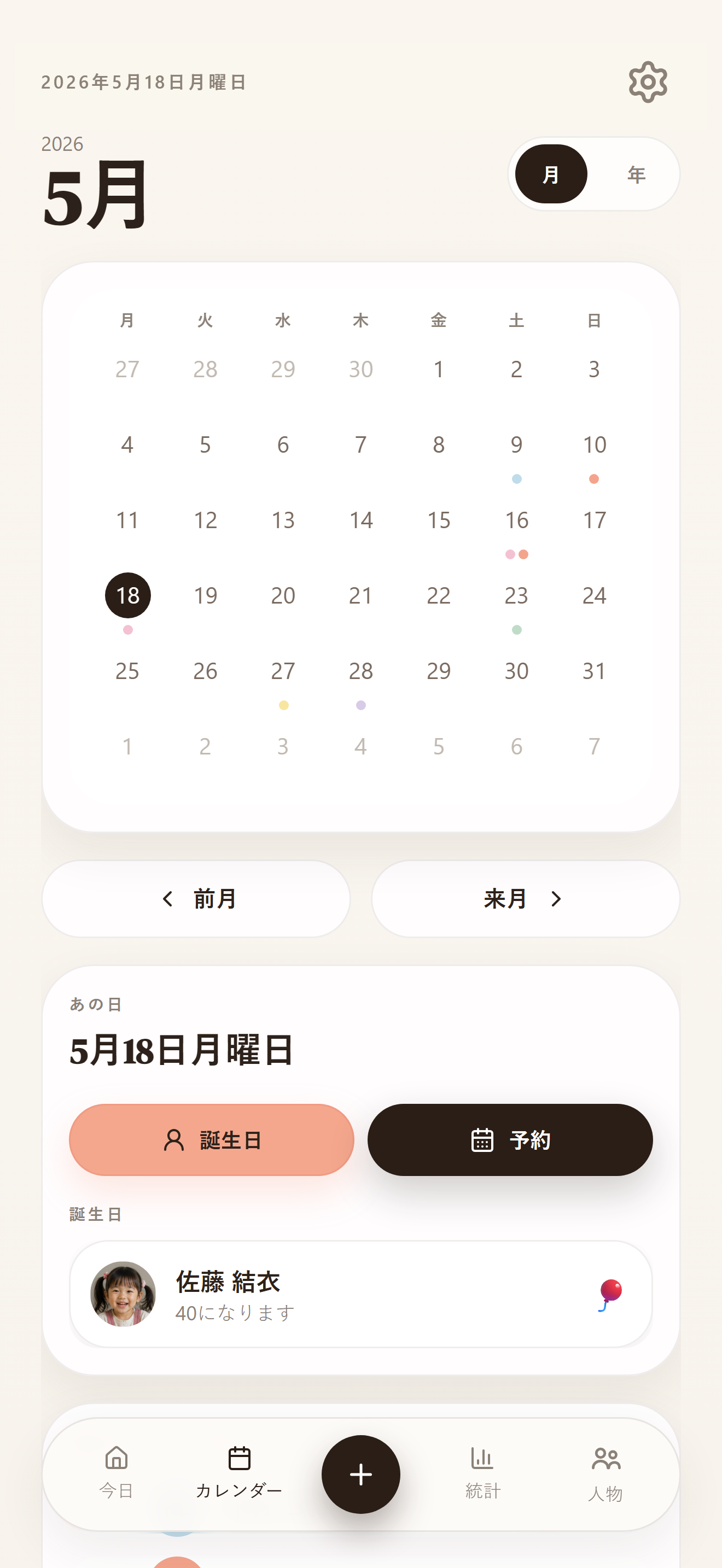 誕生日と記念日が並ぶカレンダー