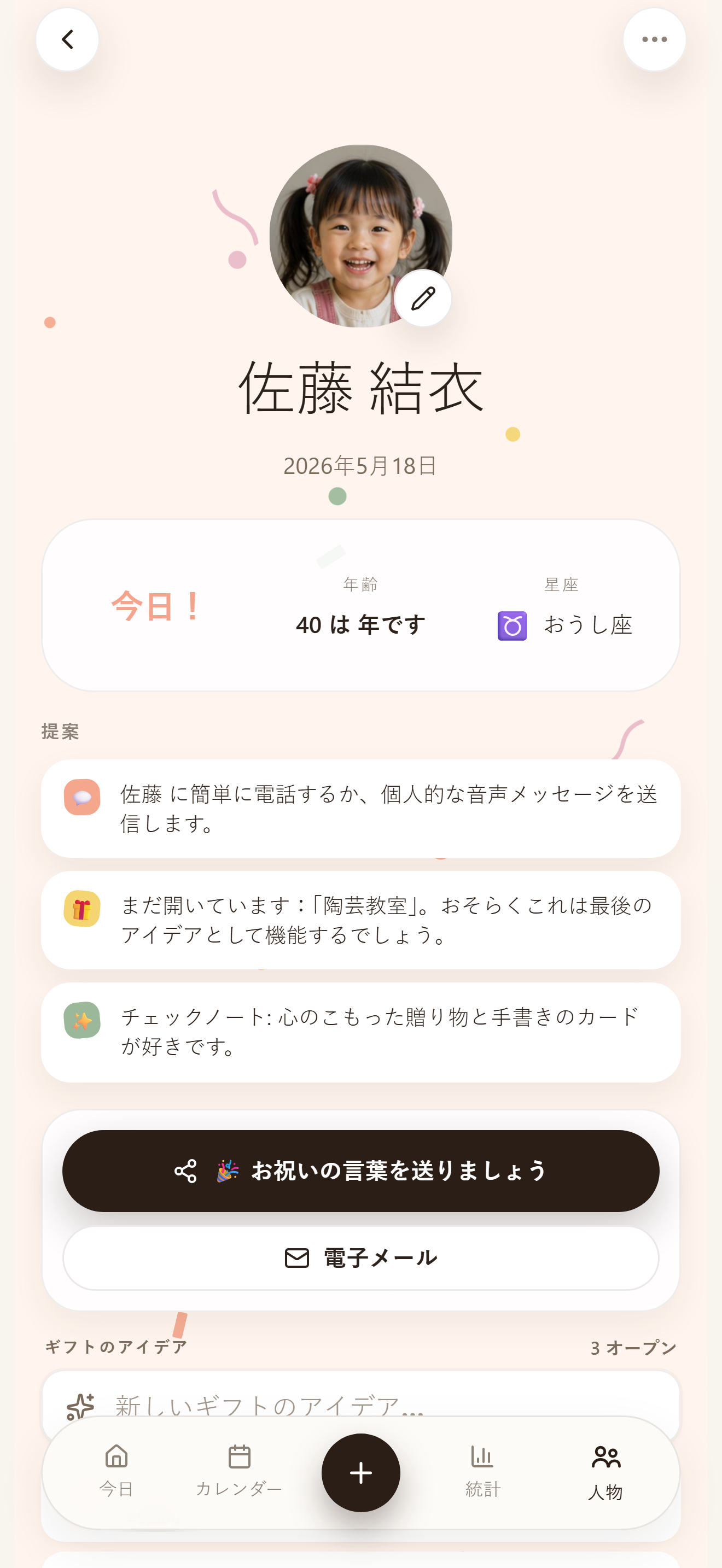 誕生日、ギフトアイデア、詳細がわかる人物プロフィール