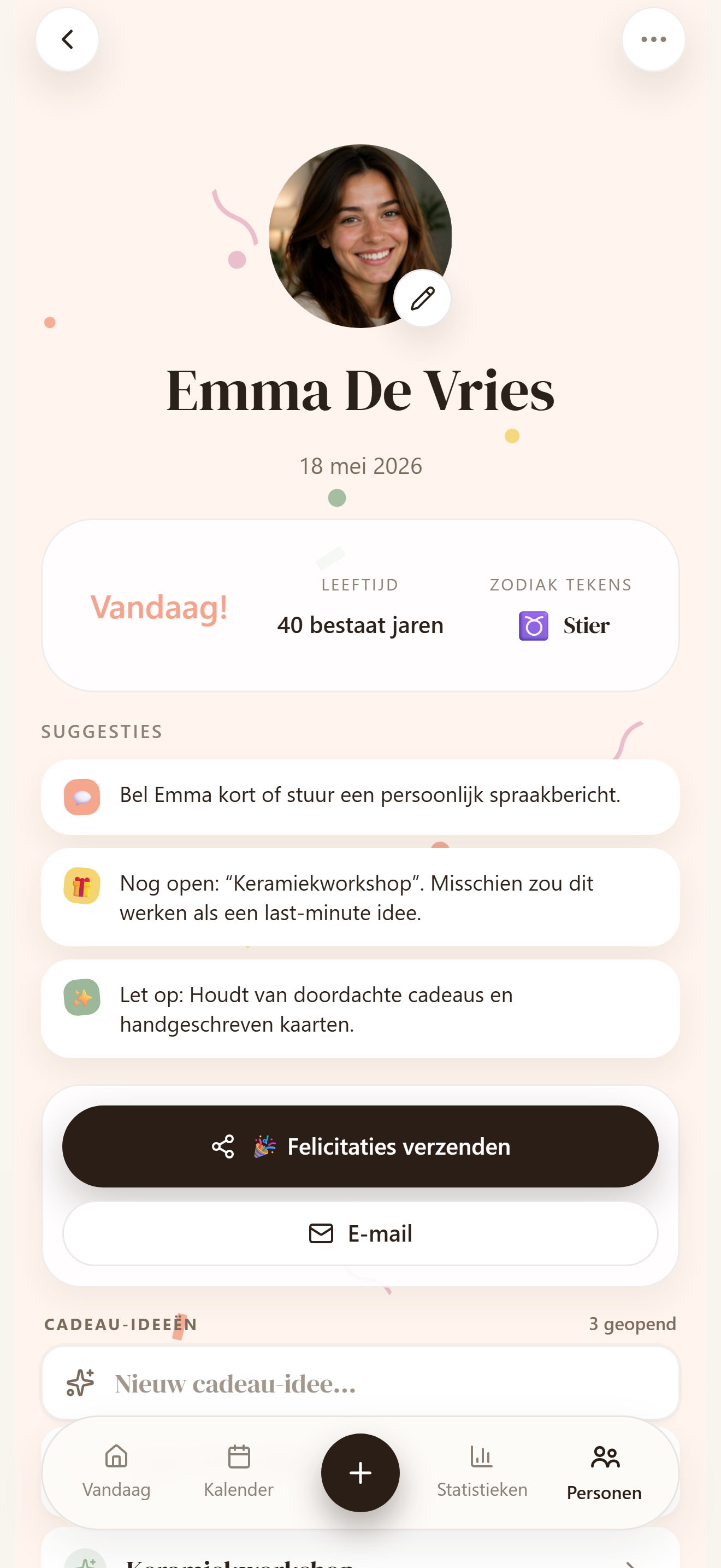 Persoonsprofiel met verjaardagen, cadeau-ideeën en details