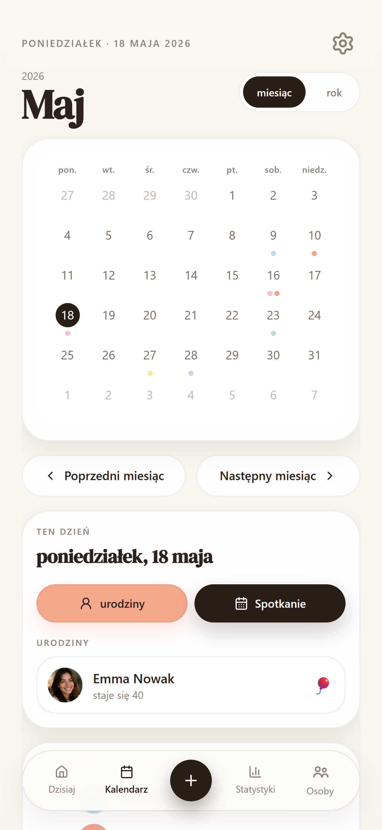 Kalendarz z urodzinami i ważnymi okazjami