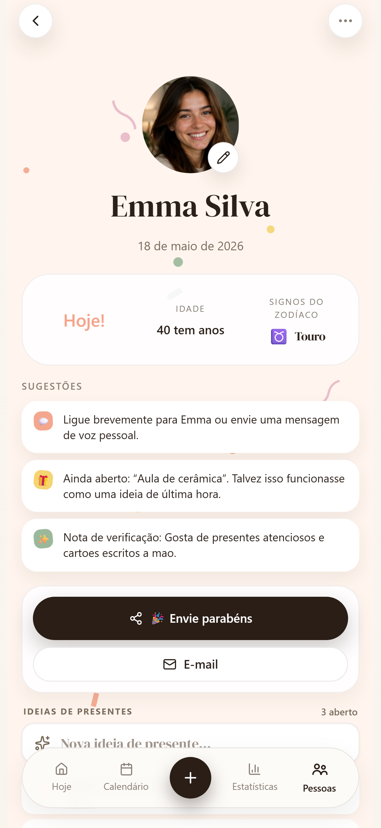 Perfil com aniversários, ideias de presente e detalhes